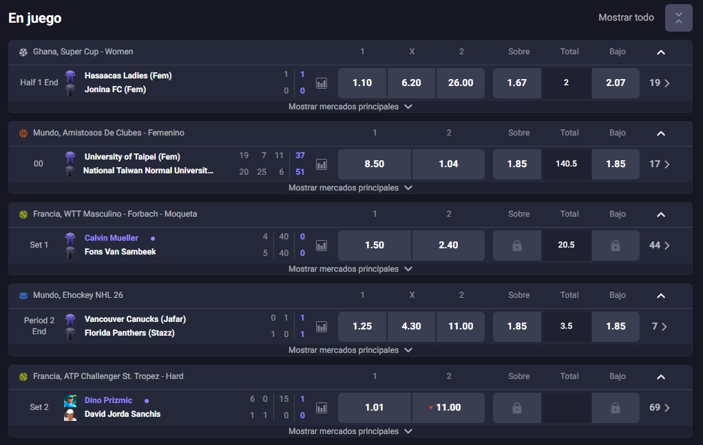 Apuestas deportivas en vivo de Dracula Casino con eventos, resultados y cuotas en directo