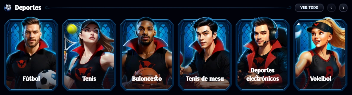 Disciplinas deportivas de Dracula Casino con fútbol, tenis, baloncesto, tenis de mesa, esports y voleibol