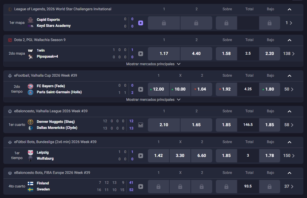 Mercados de esports de Dracula Casino con League of Legends, Dota 2, eFootball y Counter-Strike 2