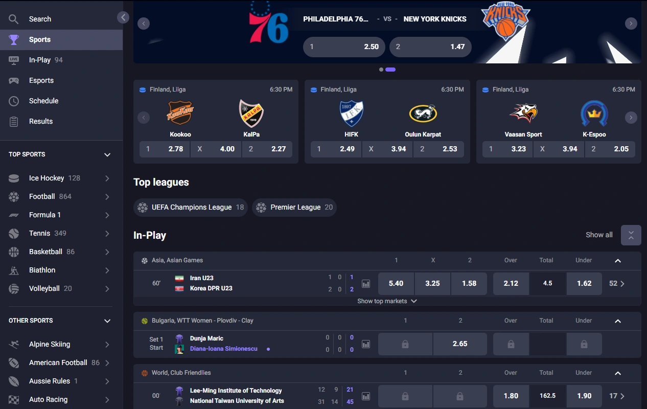 Dracula Casino sportsbook with football, ice hockey, tennis and live betting markets