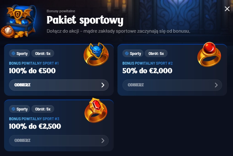 Pakiet powitalny sportowy Dracula Casino z bonusami do 250 procent