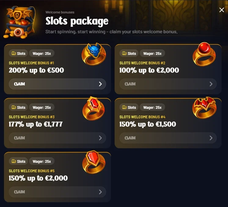 Dracula Casino slots welcome package with five bonus offers and 25x wagering requirement