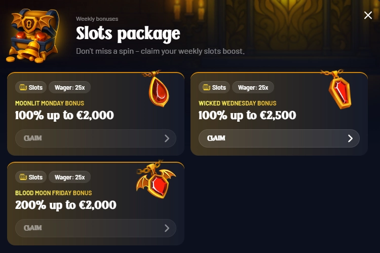 Dracula Casino weekly slots bonuses with Monday, Wednesday and Friday offers