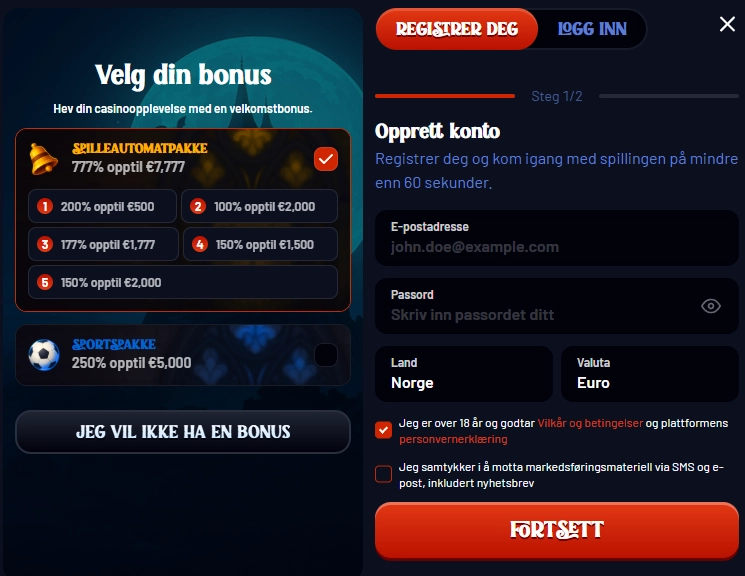 Registrering hos Dracula Casino med valg mellom spilleautomatpakke, sportspakke og konto uten bonus