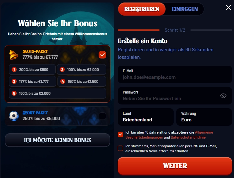 Registrierung bei Dracula Casino mit Auswahl zwischen Spielautomatenpaket, Sportpaket und Konto ohne Bonus