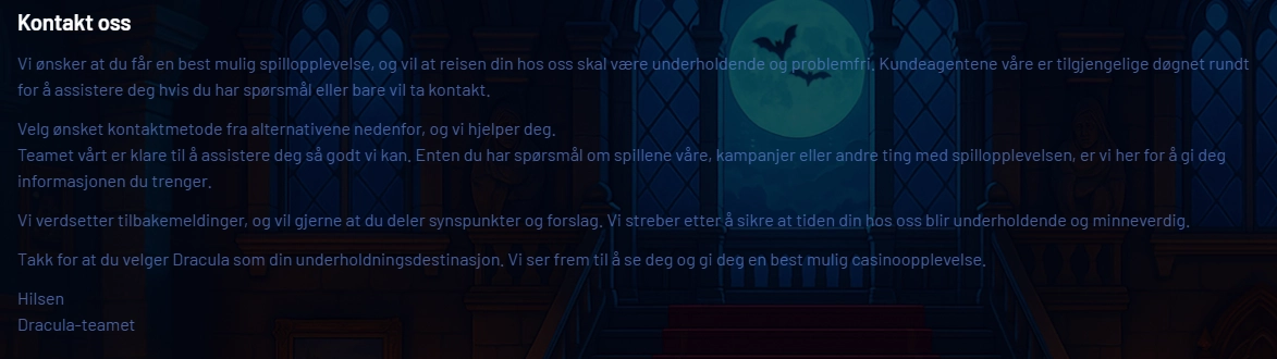 Kontakt og kundestøtte hos Dracula Casino med informasjon om tilgjengelige kontaktkanaler