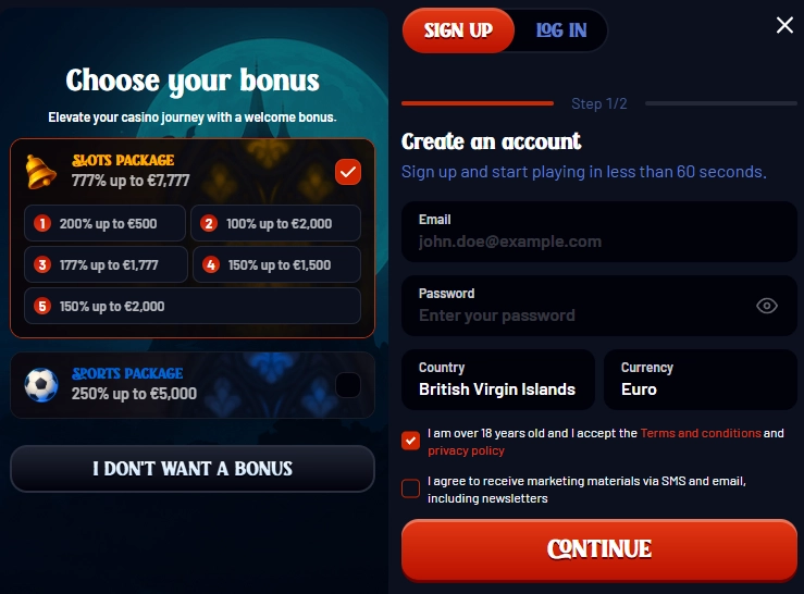 Dracula Casino registration screen with slots package, sports package and no bonus options