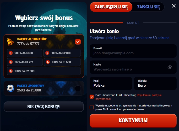 Formularz rejestracji Dracula Casino z wyborem pakietu automatów lub sportowego