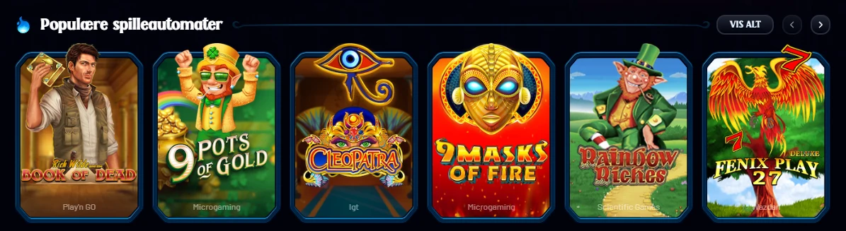 Populære spilleautomater hos Dracula Casino med Book of Dead, 9 Pots of Gold, Cleopatra, 9 Masks of Fire og Rainbow Riches