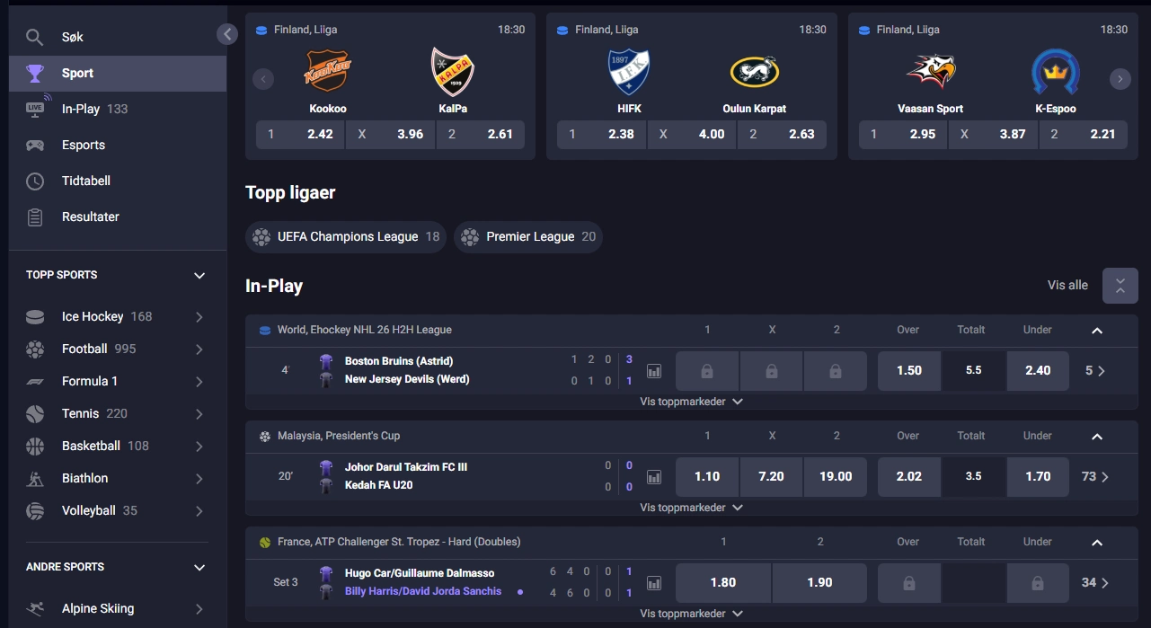 Sportsbetting hos Dracula Casino med live-begivenheter, sportskategorier og aktuelle odds