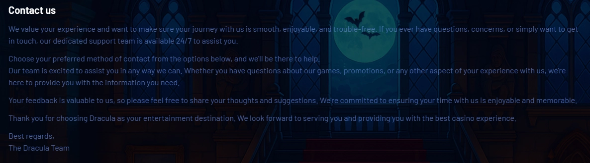 Dracula Casino contact page with 24/7 customer support information
