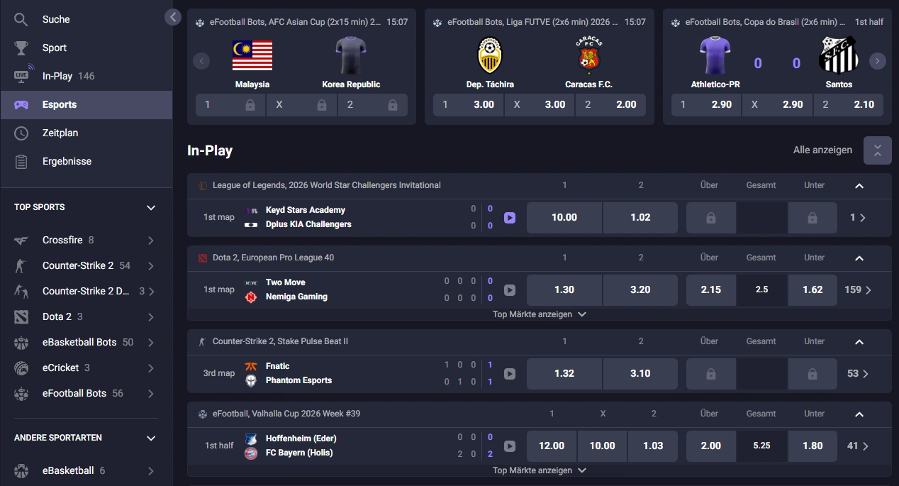 Esports bei Dracula Casino mit League of Legends, Dota 2 und Counter-Strike 2