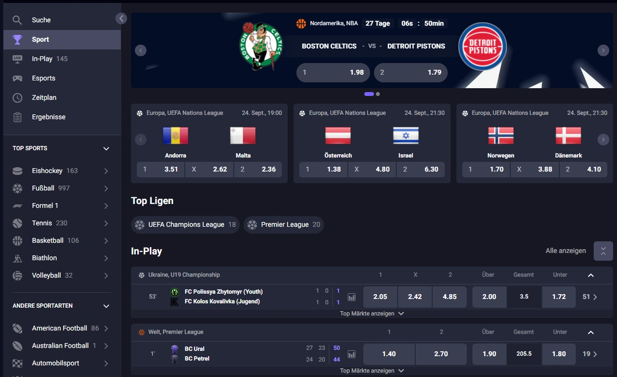 Sportwetten bei Dracula Casino mit Live-Ereignissen, Sportarten und aktuellen Quoten